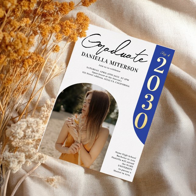 Foto kühlem Goldbogen Königsblauer Abschluss Folieneinladung (Photo bold gold arch royal blue graduation foil invitation)