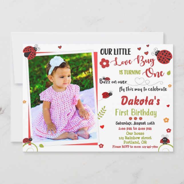 Foto Ladybug Einladung zum 1. Geburtstag Girl Lieb (Vorderseite)