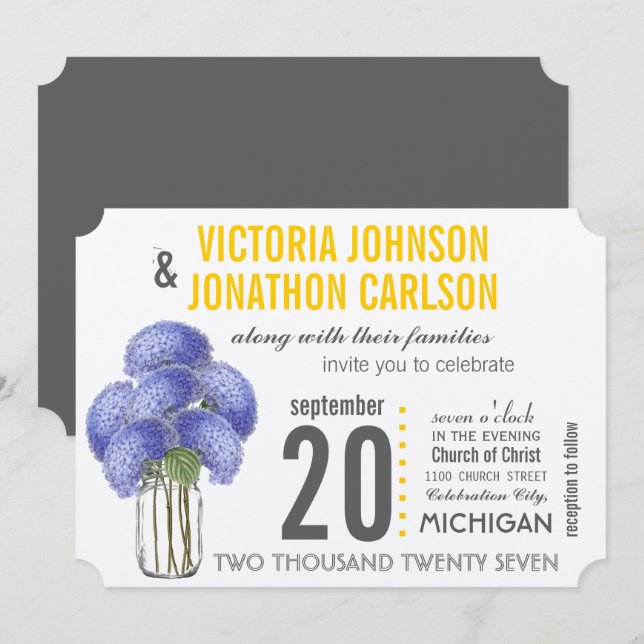 Foto Lavender Yellow Hydrangea Mason Jar Wedding Einladung (Vorne/Hinten)