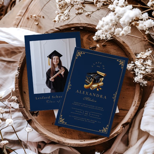 Foto Law School Abschluss Moderne Navy Blue Gold Einladung (Von Creator hochgeladen)