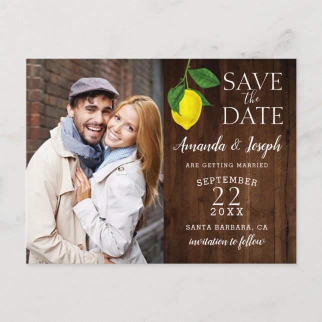 Foto Lemon Rustikales Holz Save the Date | Ankündigungspostkarte (Vorderseite)