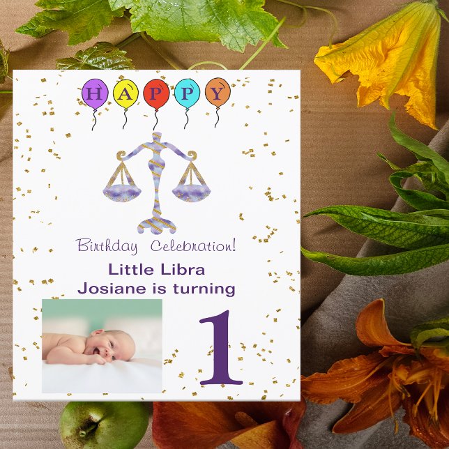 Foto & Libra Geburtstag mit Gold & Balloons Einladung (Von Creator hochgeladen)