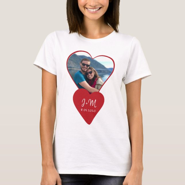 Foto Liebe Paar Initialen rotes Herz Valentine T-Shirt (Vorderseite)