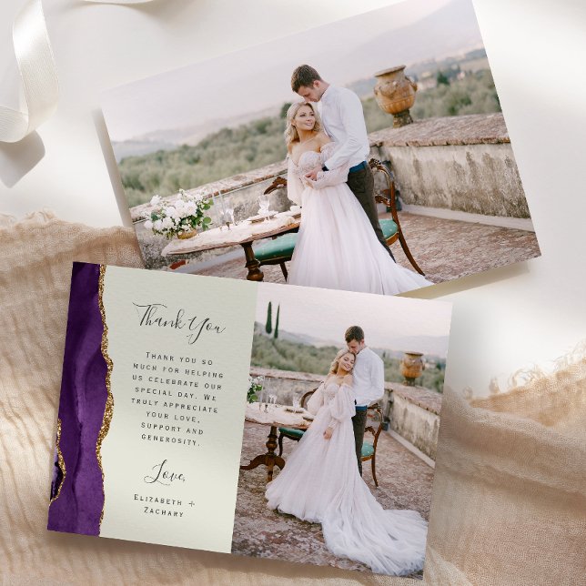 Foto Lila Agate Gold Elfenbeinhochzeit Dankeskarte (Von Creator hochgeladen)