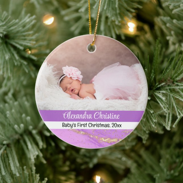 Foto Lila, doppelseitig 2 Picture Baby First Keramik Ornament (Baum)