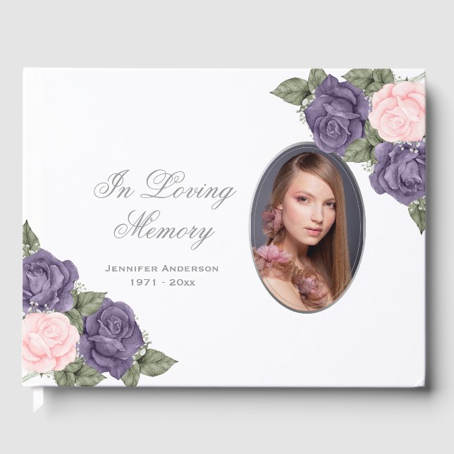 Foto Lila Pink Silver Floral Gedenkfeier Beerdigun Gästebuch (Vorderseite)
