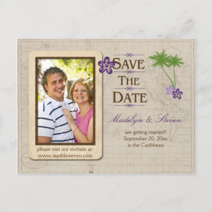 Foto "lila tropische Destination" Save the Date Ankündigungspostkarte