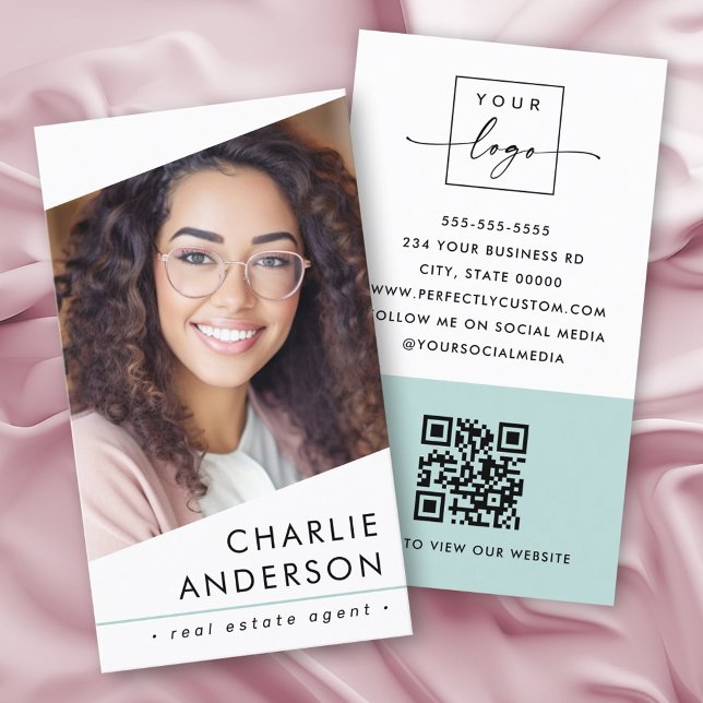 Foto-Logo QR-Code moderner Aqua-Blau Visitenkarte (Photo logo QR code modern white light aqua blue Business Card)