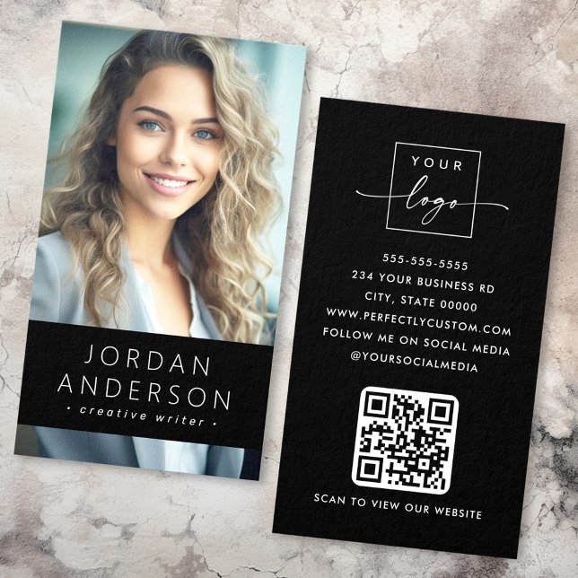 Foto Logo QR Moderne schwarze Visitenkarte (Photo logo QR code modern black business card)