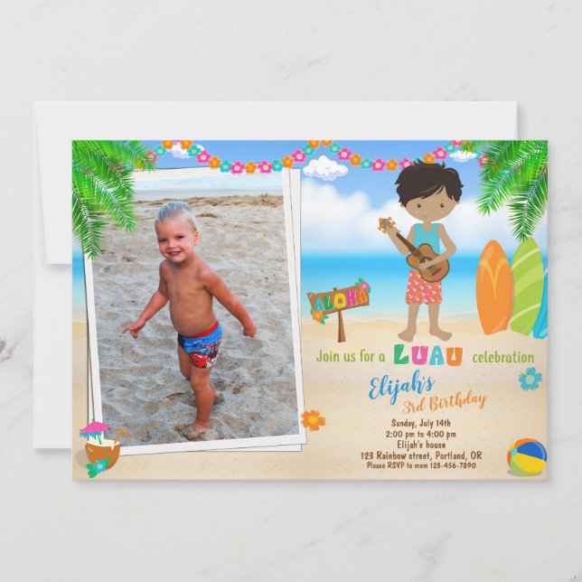 Foto Luau Einladung Tropischer Strandjunge (Vorderseite)