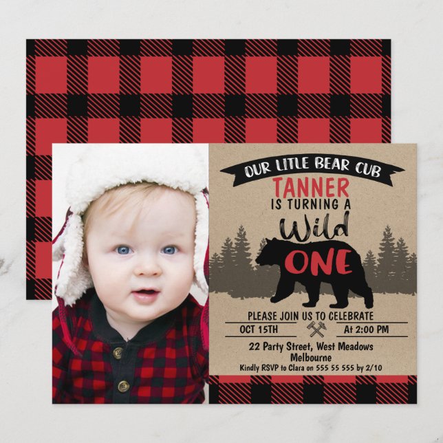 Foto Lumberjack Bear Cub 1. Geburtstag Einladung (Vorne/Hinten)