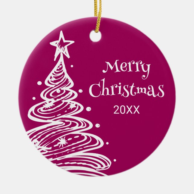 Foto Magenta Pink Weißer Weihnachtsbaum Geschenk Keramik Ornament (Vorne)