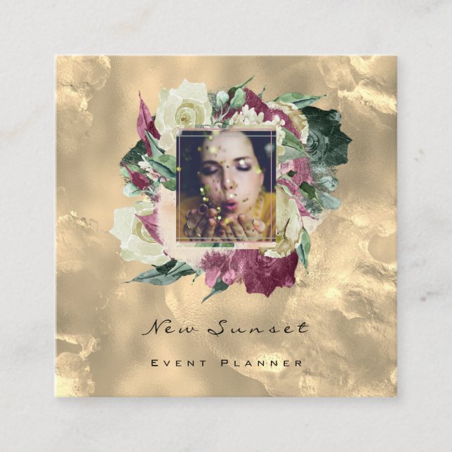 Foto Makeup Blogg Event Planner Floral Gold Rose Quadratische Visitenkarte (Vorderseite)