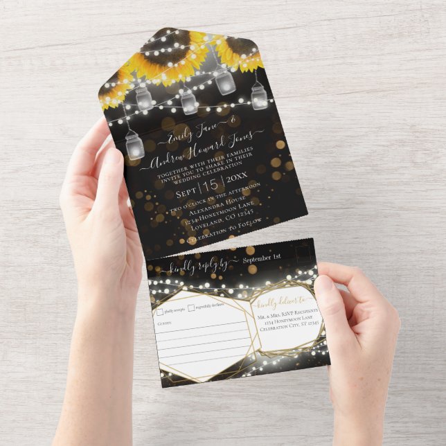 Foto Mason Jar Sonnenblume Black & Gold Hochzeit All In One Einladung (Abreißen)