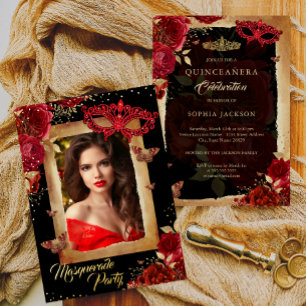 Foto Masquerade Party Quinceanera Rote Rose Gold Folieneinladung