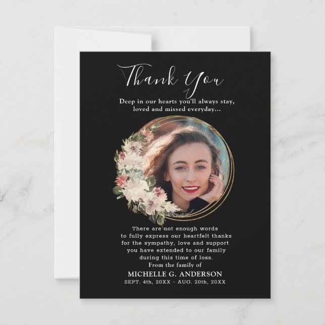 Foto Memorial Floral Golden Danke Karte (Vorderseite)