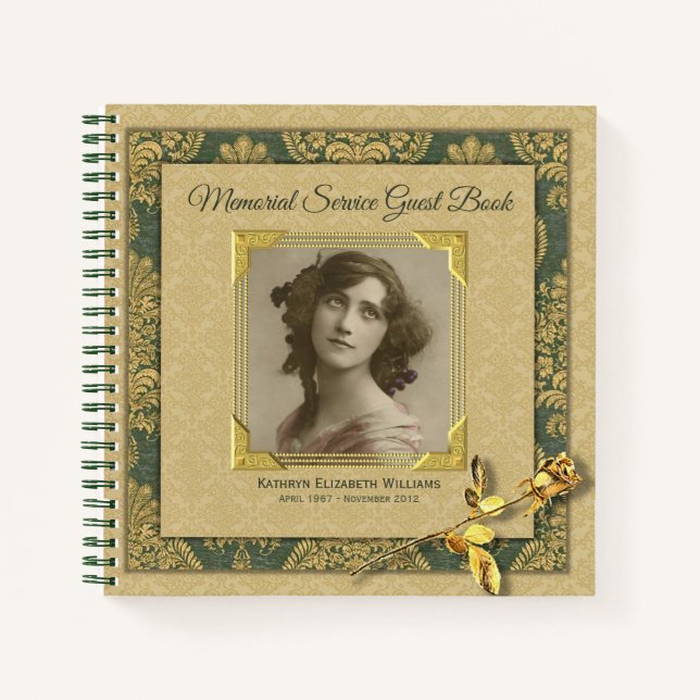 Foto Memorial Service Gold Damask Rose Gästebuch Notizbuch (Vorderseite)
