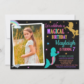 Foto Mermaid und Unicorn Einladung Geburtstag Mädc
