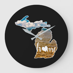 Foto Michigan Silhouette mit Zuhause auf Schwarz Große Wanduhr