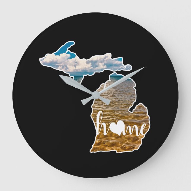 Foto Michigan Silhouette mit Zuhause auf Schwarz Große Wanduhr (Vorderseite)