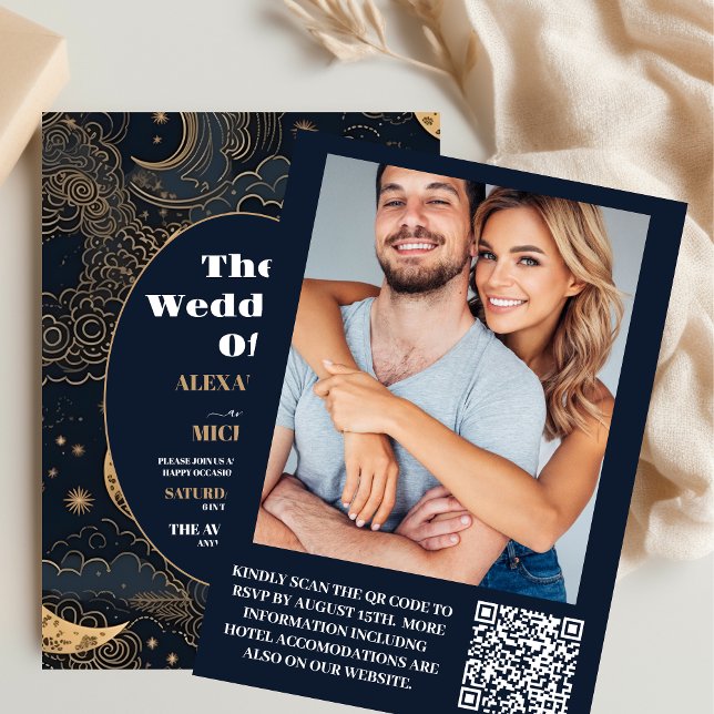 Foto Midnight Blue Gold Celestial Wedding Einladung (Von Creator hochgeladen)