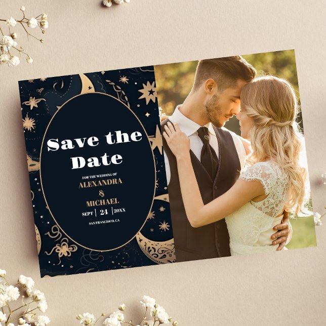 Foto Midnight Blue Gold Celestial Wedding Save The Date (Von Creator hochgeladen)