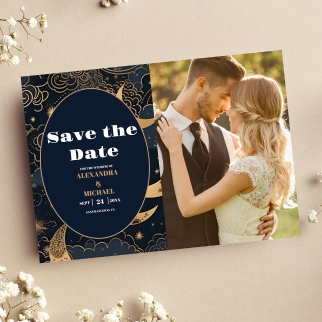 Foto Midnight Blue Gold Celestial Wedding Save The Date (Von Creator hochgeladen)