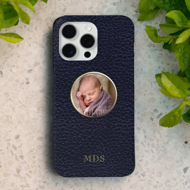 Foto Midnight Blue Imitats Leather Modern Monogram iPhone 16 Pro Max Hülle (Just add your photo and initials)