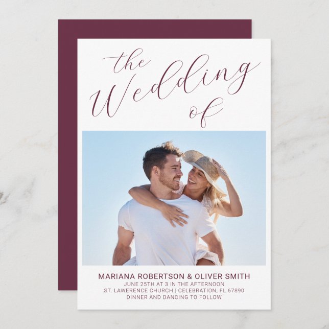 Foto Minimalistisch Burgundy White Script Wedding  Einladung (Vorne/Hinten)