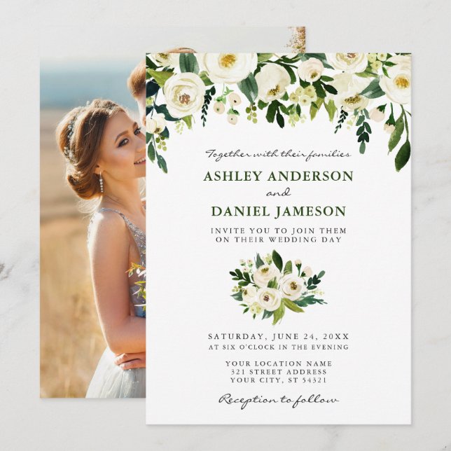 Foto mit Aquarellblumen Hochzeit Grün Einladung (Vorne/Hinten)