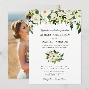 Foto mit Aquarellblumen Hochzeit Grün Einladung