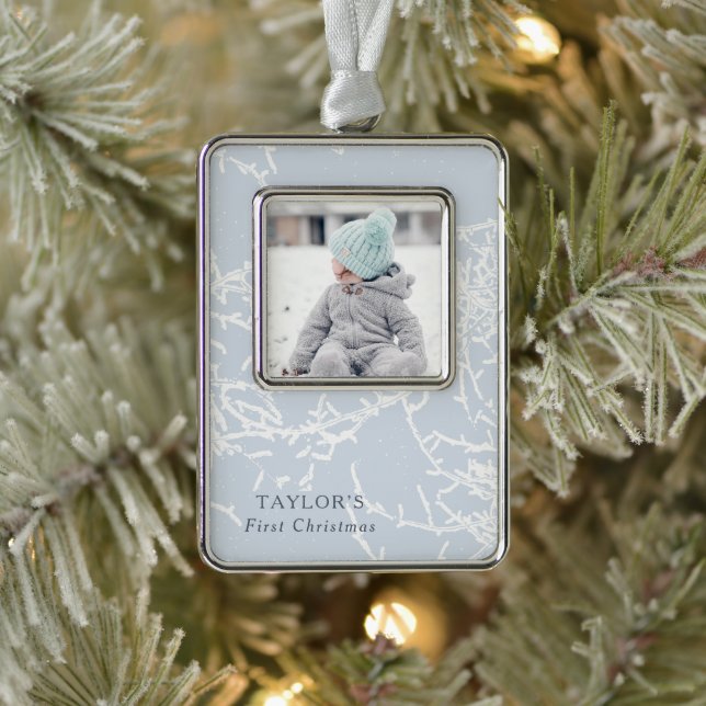 Foto mit blauen und weißen Schneefräsen Rahmen-Ornament Silber (Baum)
