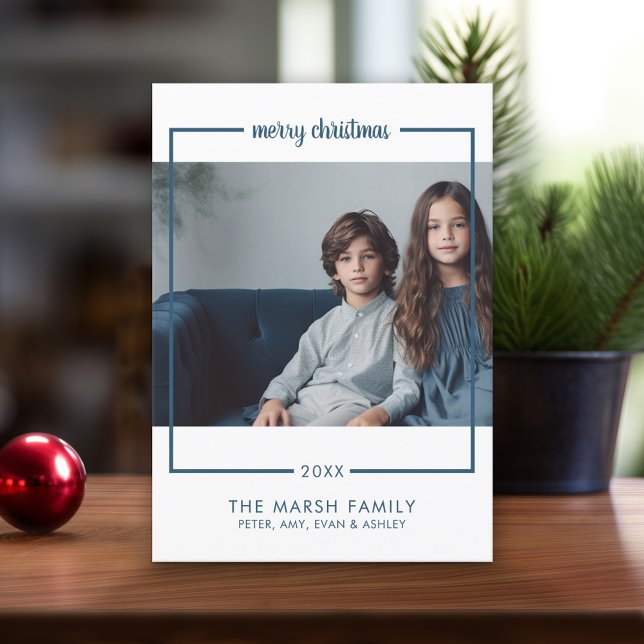 Foto mit Border Minimal Frohe Weihnachten blau (Online Christmas Card - Print and Download Options)