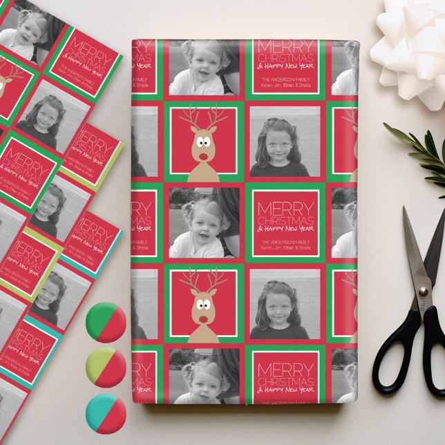 Foto mit Cartoon Rentier mit frohen Weihnachten Geschenkpapier Set (Personalized Photo Wrapping Paper)