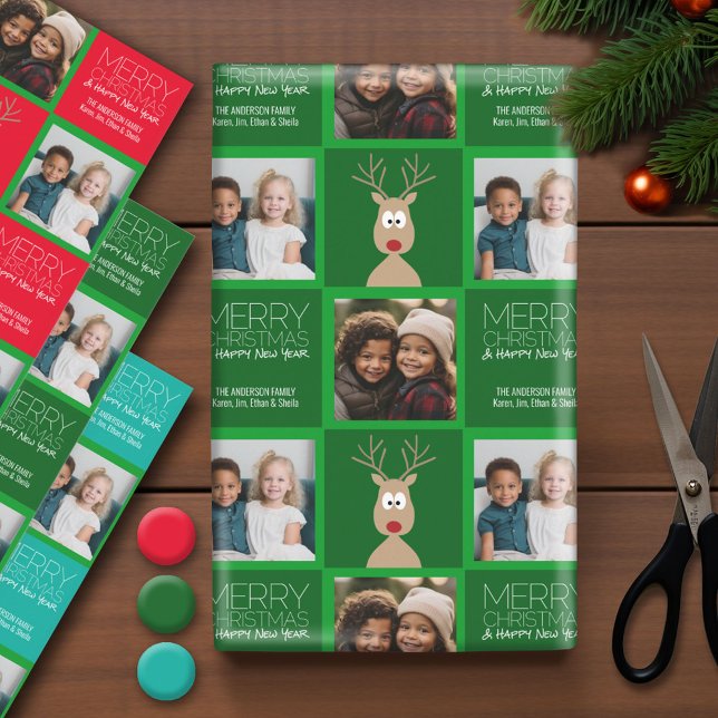 Foto mit Cartoon Rentier mit frohen Weihnachten Geschenkpapier Set (Photo Wrapping Paper - Holiday and Christmas Theme)