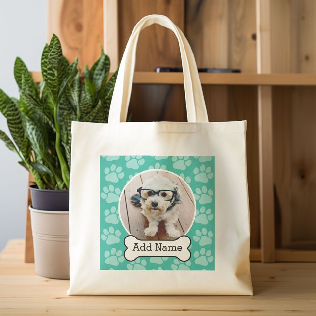 Foto mit Dog-Knochen und Paw-Druck grün Tragetasche (Custom Canvas Tote Bag)