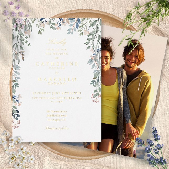 Foto mit floralen Wildblumen Folieneinladung (Floral Wildflowers Photo Wedding Chic Gold Foil Invitation)