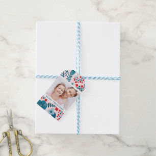 Foto mit Geschenktafeln in Rosa, Blau und Rot Geschenkanhänger