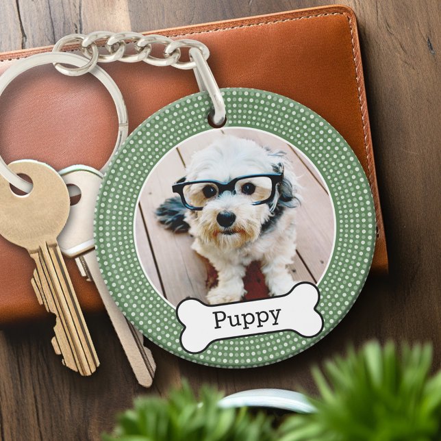 Foto mit Hundeblock - grüne Polka-Punkte Schlüsselanhänger (Personalized Keychain - pet photo)