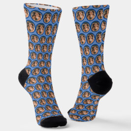 Foto mit Hundekopfgesicht auf blau Socken