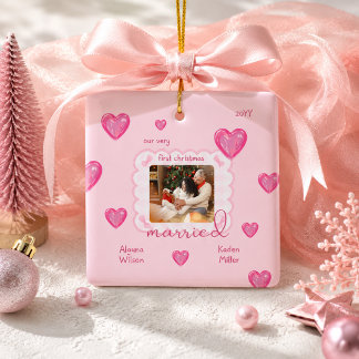 Foto mit karierter rosa Herz Erstes Weihnachten Ve Keramikornament