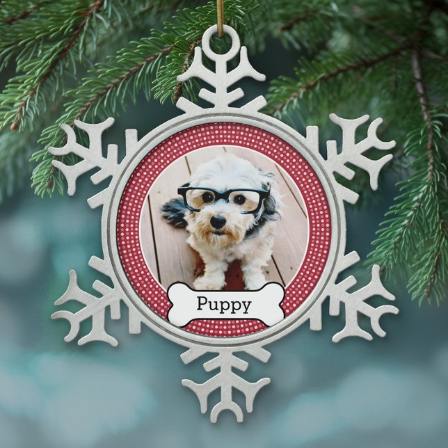 Foto mit Knochen - roten Polka - Punkten Schneeflocken Zinn-Ornament (Personalized Pewter Christmas Ornament - Pet Photo)