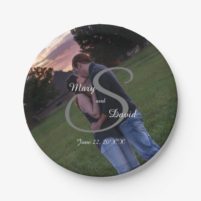Foto mit Monogram Wedding Pappteller (Vorderseite)