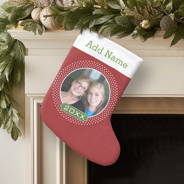 Foto mit Red Polka Dot Frame und benutzerdefiniert Kleiner Weihnachtsstrumpf (Personalized Christmas Stocking)