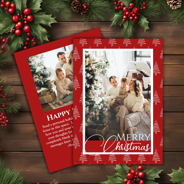 Foto mit roten und weißen Baummustern Weihnachten (Red And White Tree Pattern Photo Christmas Holiday Card)