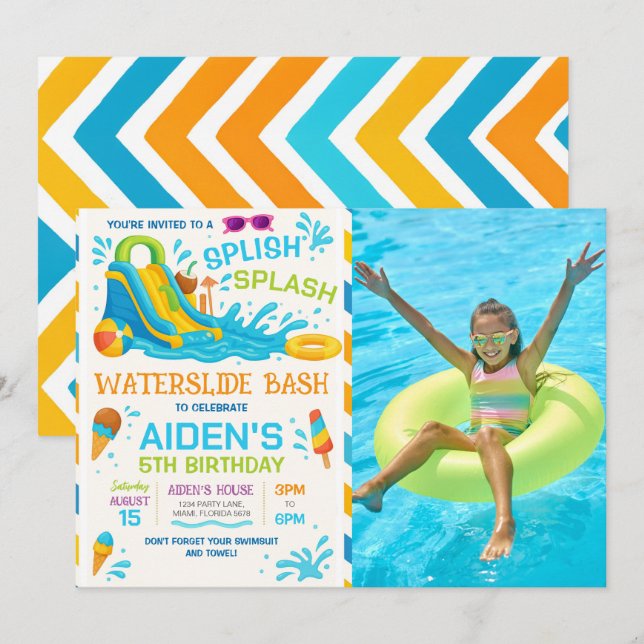 Foto mit Wasserrutsche Einladung (Vorne/Hinten)