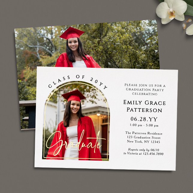 Foto Modern Arch Graduate Script Graduate Party Folieneinladung (Von Creator hochgeladen)