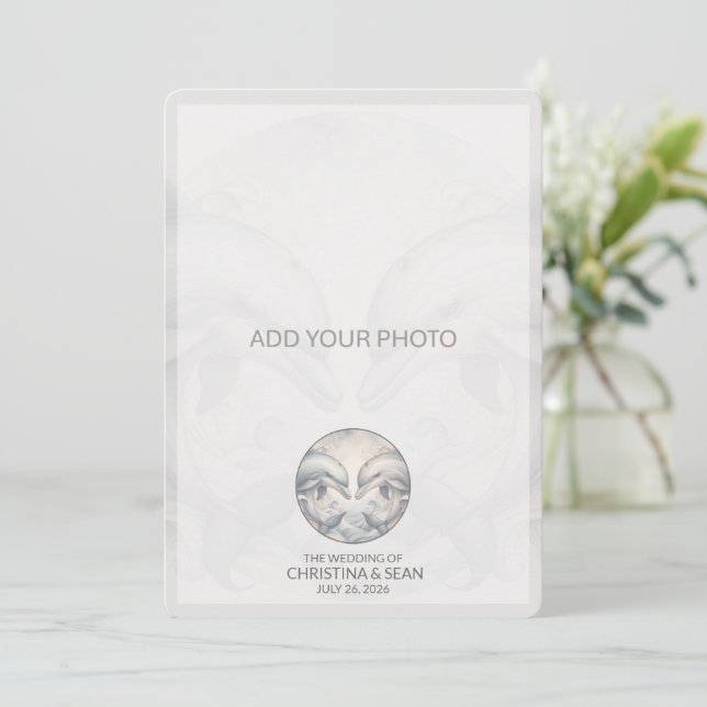 Foto Modern Whimsy Dolphin Hochzeit hinzufügen Save The Date (Stehend Vorderseite)