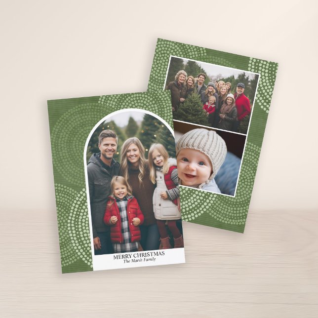 Foto Moderne Bogen Frohe Weihnachten Abstrakte Kre (3 Photo Christmas Card with Boho Watercolor Pattern and Photo Arch - Print and Download Option)