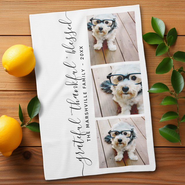 Foto Moderne Kalligraphie dankbar, dankbar, gesegn Geschirrtuch (Personalized Kitchen Towel with photos and text - Makes a great gift)